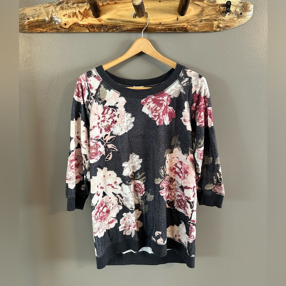 Eyeshadow Charcoal and Pink Rose Floral Sweater - 3/4 Sleeves